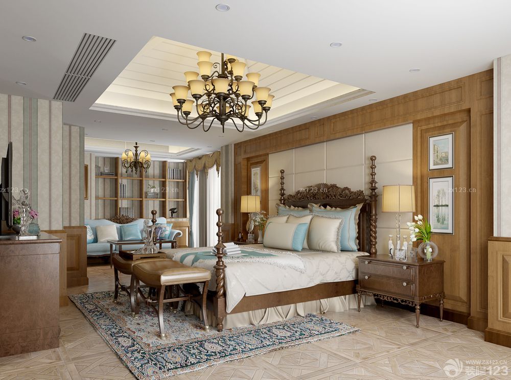 美式高端别墅双人床设计效果图片