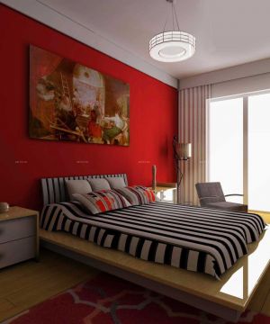 90后婚房设计卧室红色壁纸装修效果图欣赏