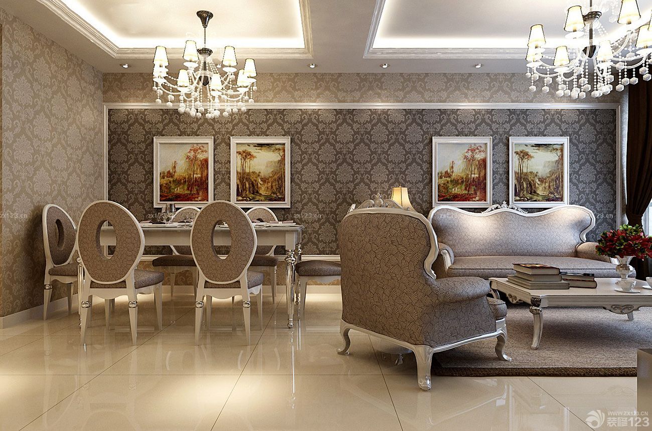 2023别墅欧式客厅餐厅一体装修图片