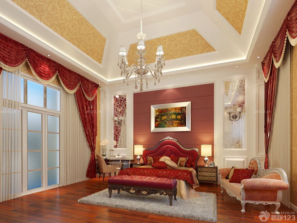 2023精美欧式别墅装修样板房红色窗帘设计效果图
