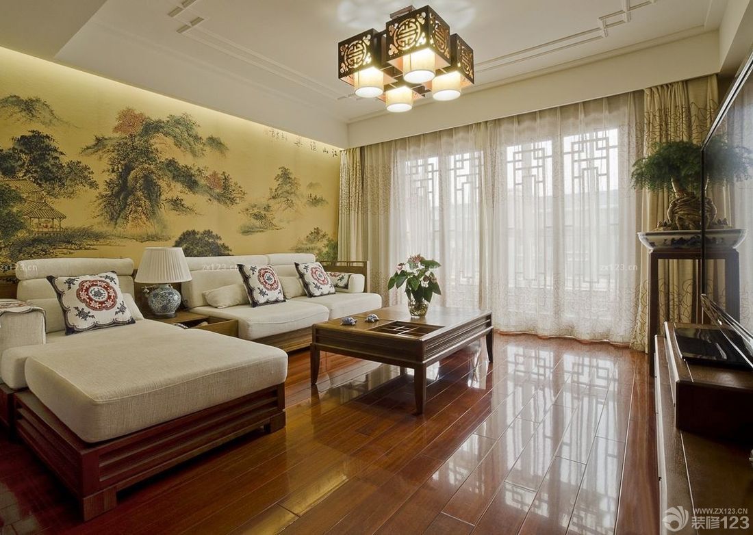 特色简中式客厅多人沙发装修效果图片
