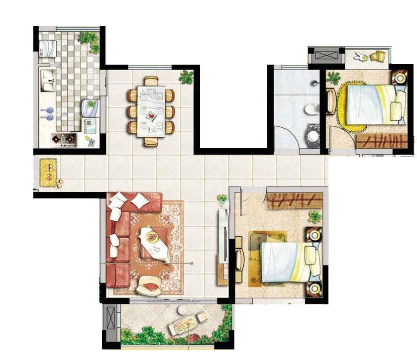 80平米两室两厅带阳台装修平面效果图欣赏