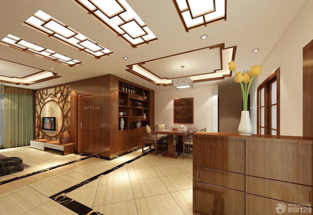2025中式风格家装客厅过道吊顶设计装修效果图大全