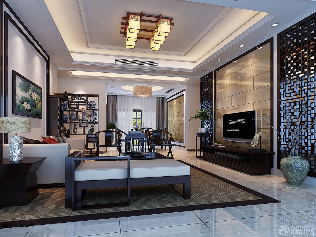 别墅室内客厅新中式吊灯装修设计图片大全