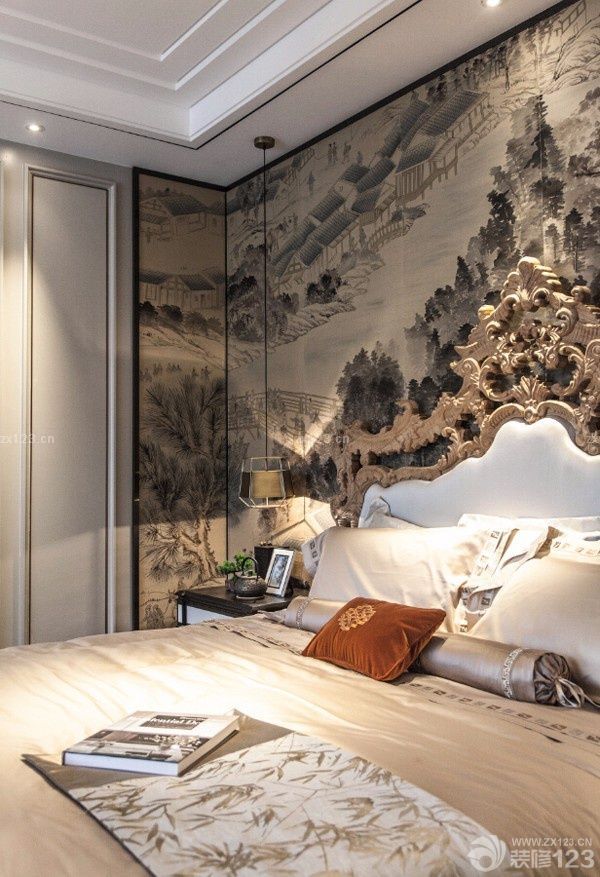 中式风主卧室床头背景墙装修效果图片欣赏