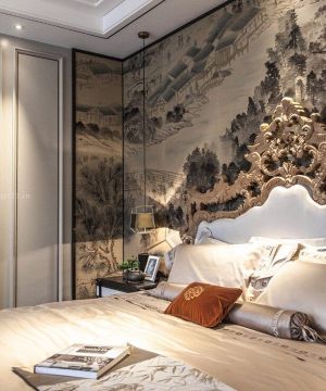 中式风主卧室床头背景墙装修效果图片欣赏