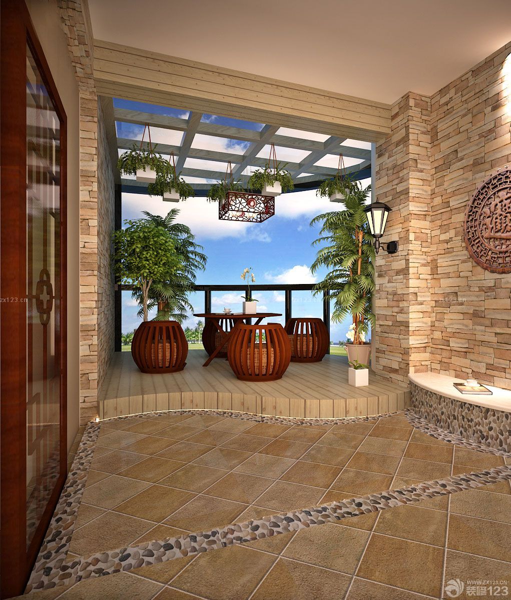 中式风格家庭别墅阳台装修样板间大全