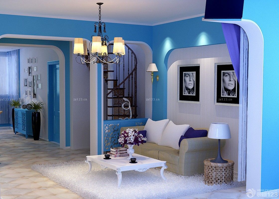 2025经典复式楼地中海客厅装修设计效果图片