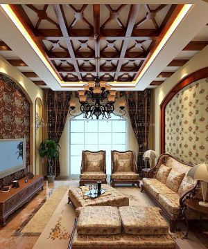 传统美式风格装修效果图大全2025图片客厅吊顶
