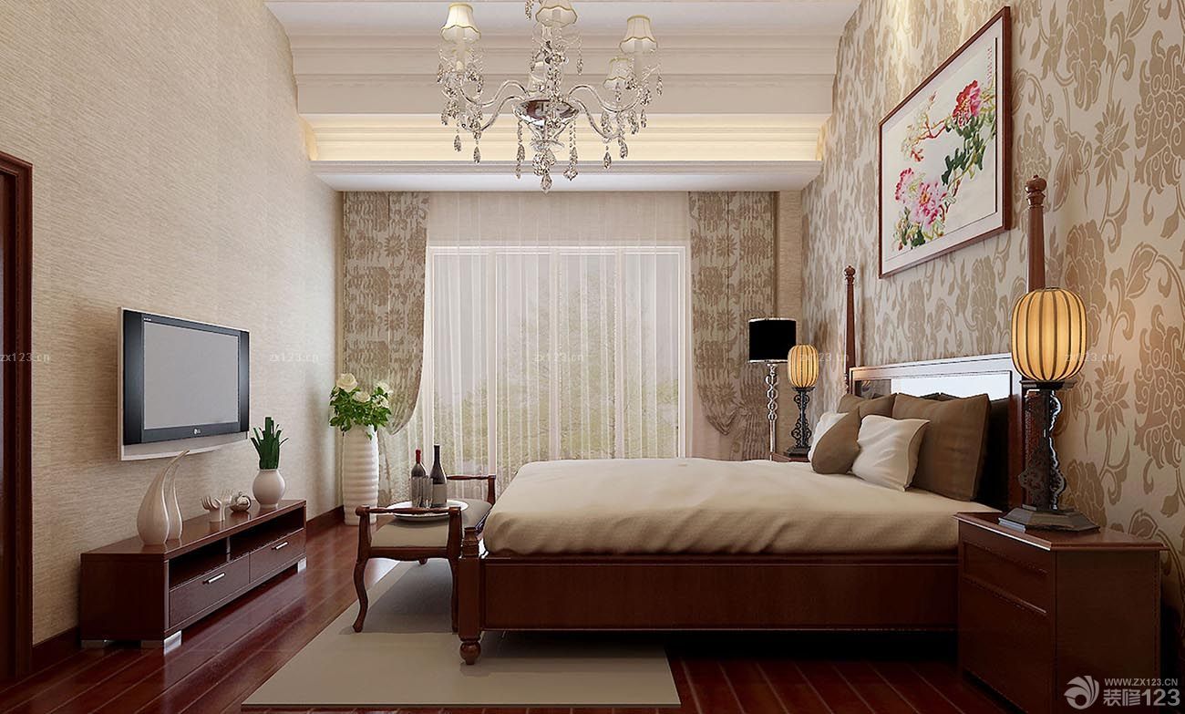 最新一室一厅卧室欧式花纹壁纸装修样板间