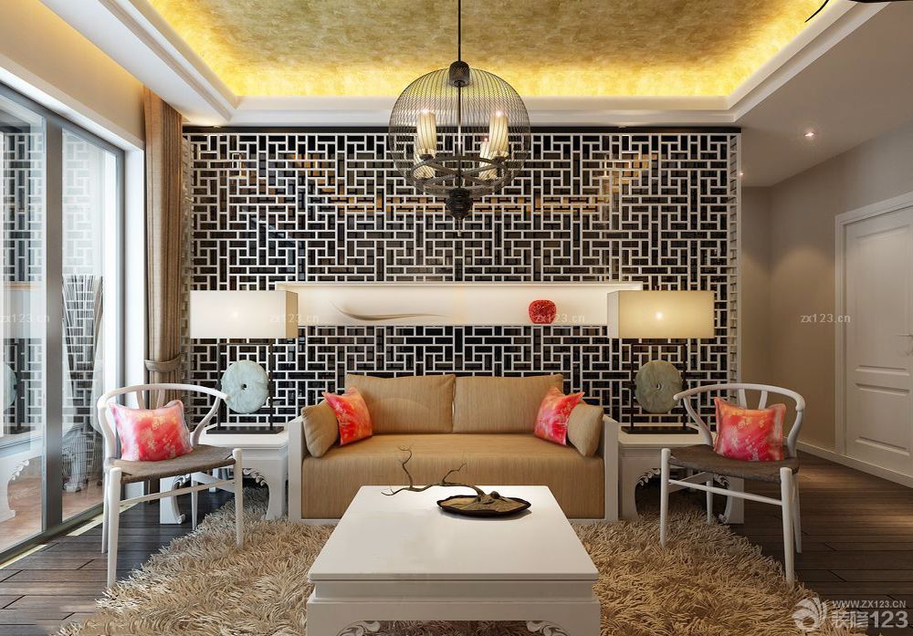 温馨新中式客厅沙发背景墙装修效果图