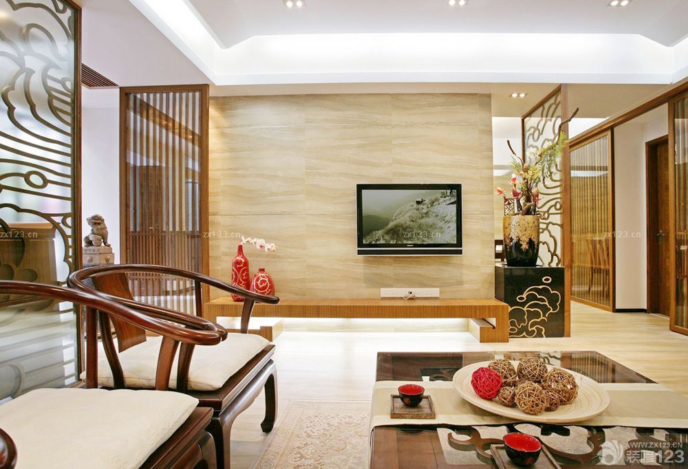 简约中式别墅电视背景墙装修效果图大全2025图片