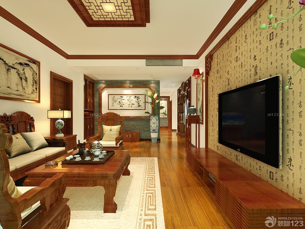 中式小别墅电视背景墙壁纸图片欣赏