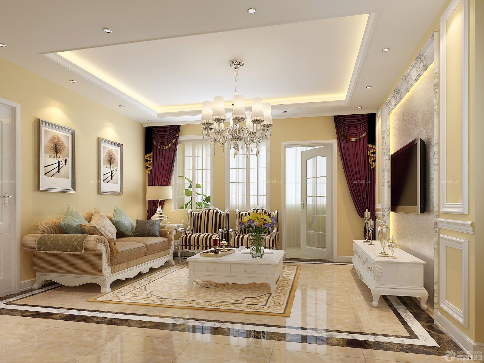 简欧式沙发摆放装修效果图三室两厅简装