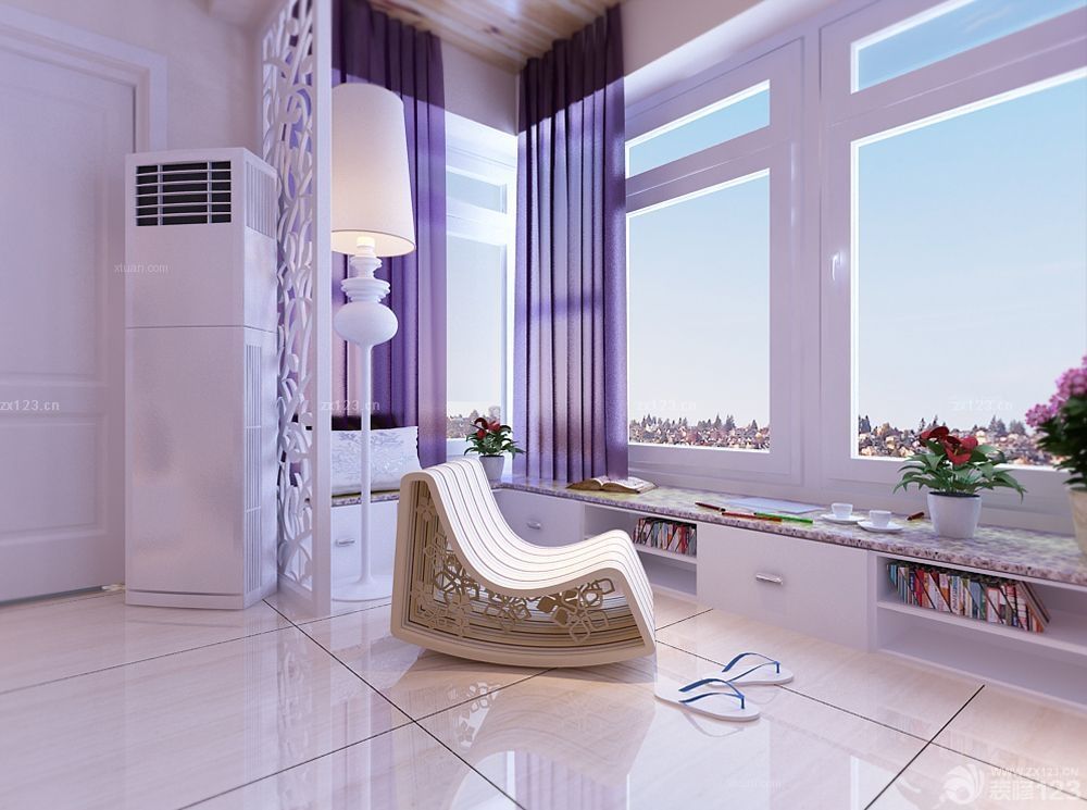 2023唯美客厅阳台紫色窗帘装修实景图欣赏