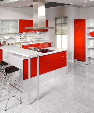 敞开式厨房红色橱柜装修效果图片2023款
