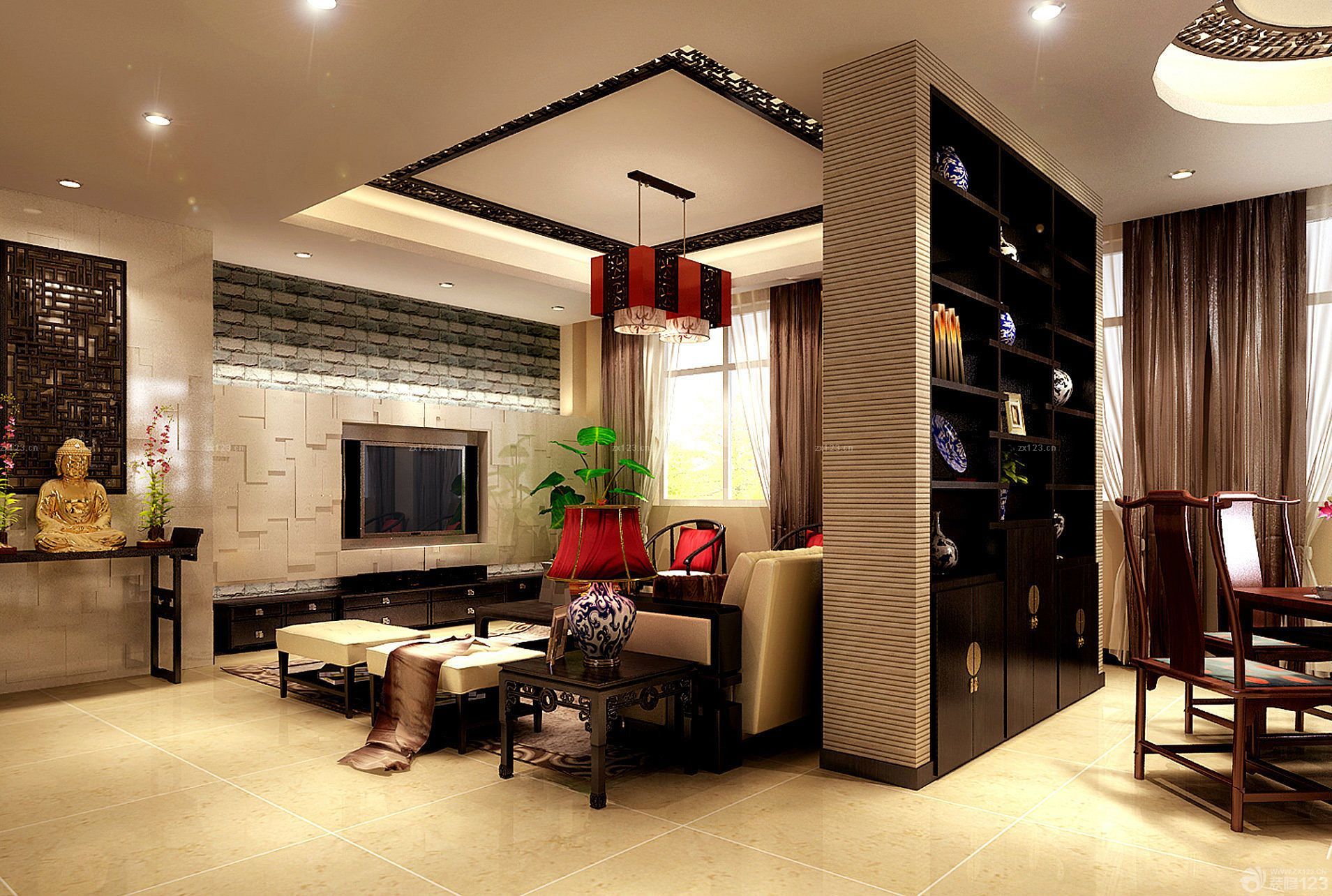 中式客厅餐厅隔断装修效果图2025