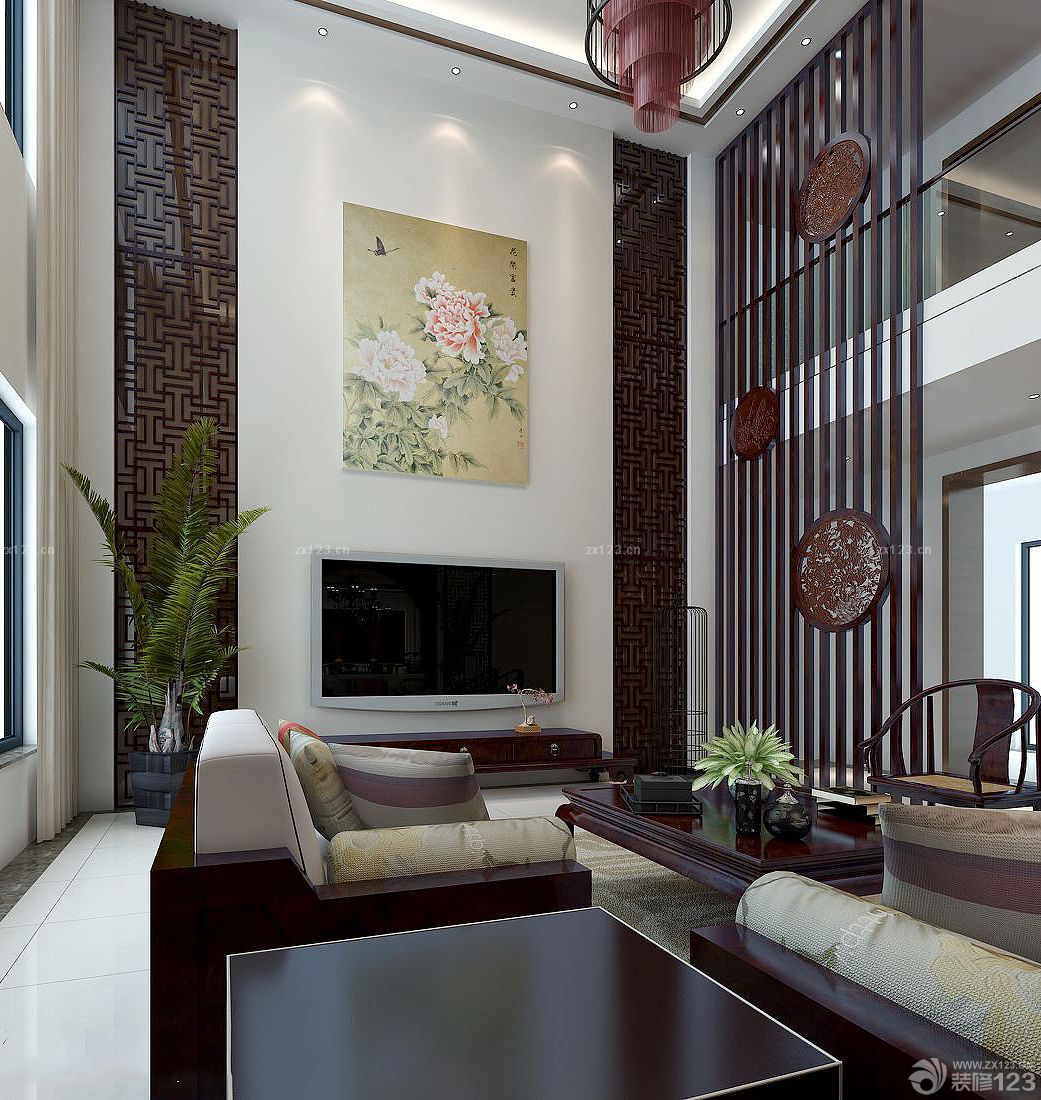 中式别墅室内客厅设计装修效果图2023