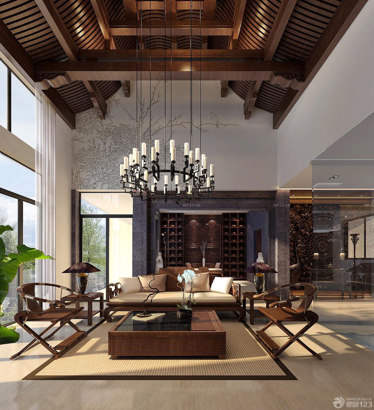 中式别墅大厅装修效果图2025