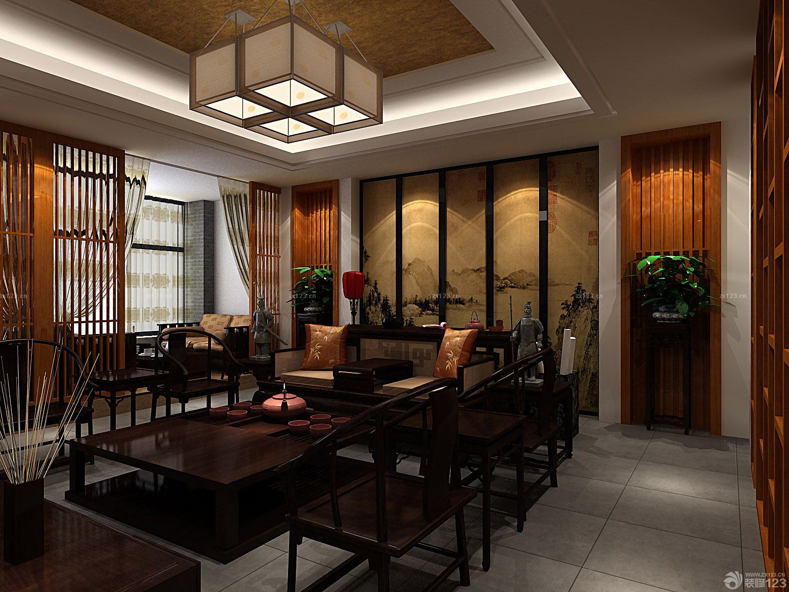 中式小户型精致客厅家具装修效果图2023