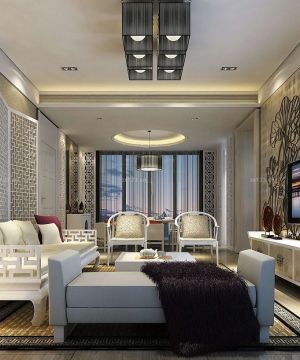 2025新中式客厅瓷砖背景墙装修效果图