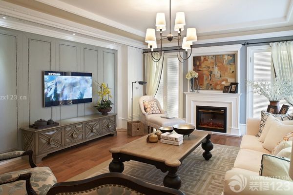 美式田园混搭风格电视墙造型装修图片