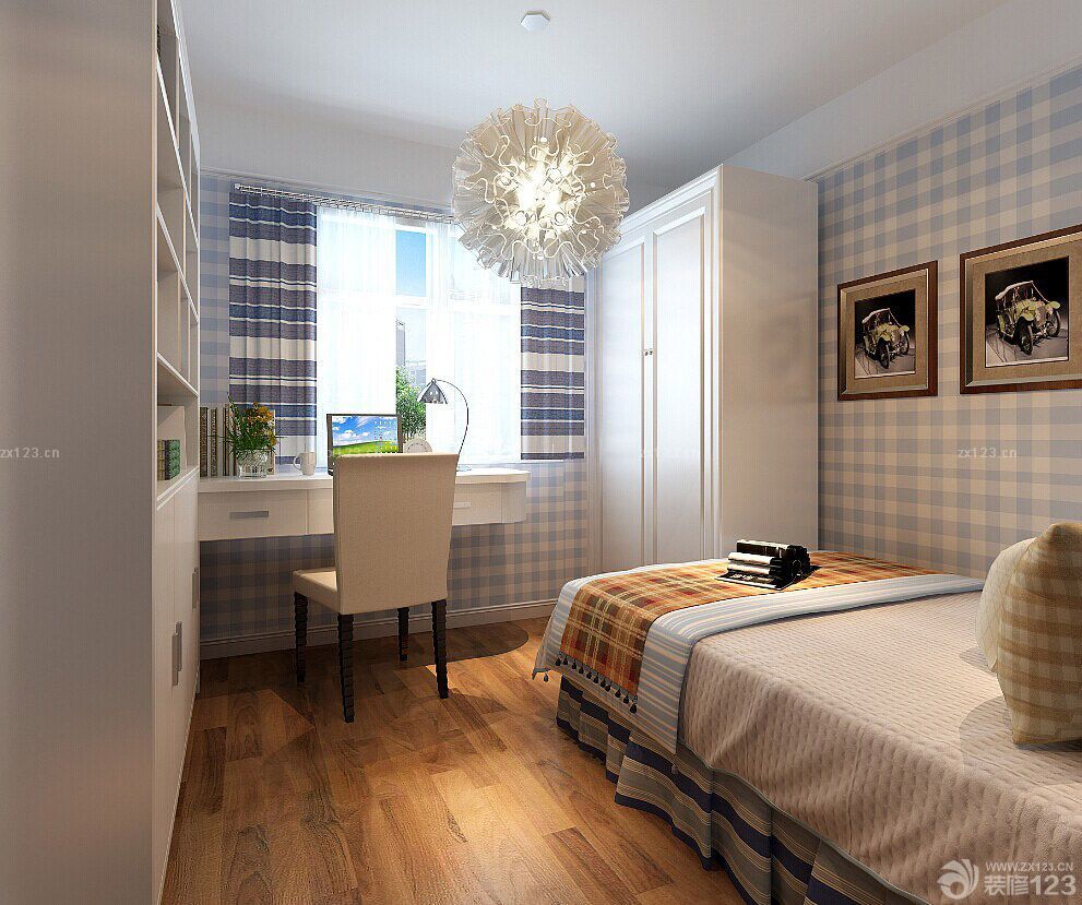 个性小卧室转角电脑桌书柜衣柜组合设计装修图