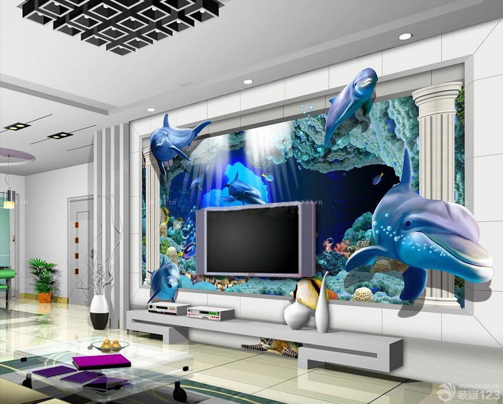 别墅客厅3d电视背景墙效果图2025简约