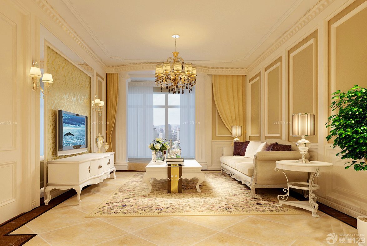 欧美客厅黄色窗帘装修效果图片