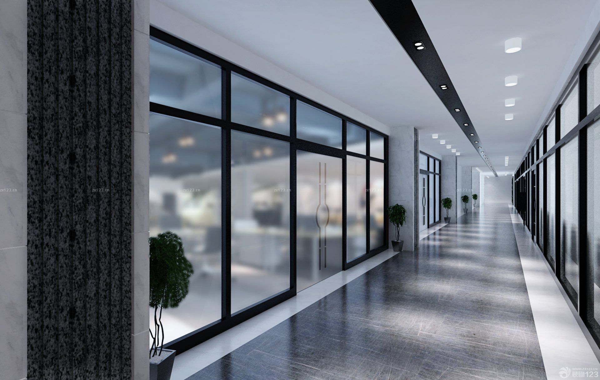 公司走廊磨砂玻璃隔断装修效果图