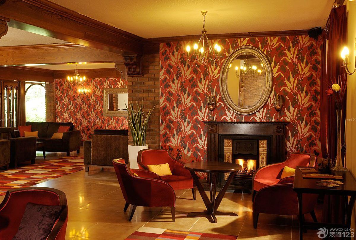 绚丽复古小酒吧设计大花壁纸装修效果图片