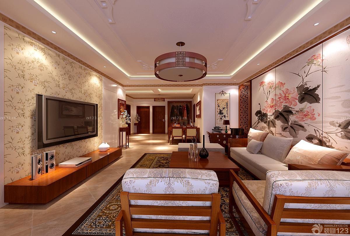 新中式客厅电视背景墙暗门效果图2025