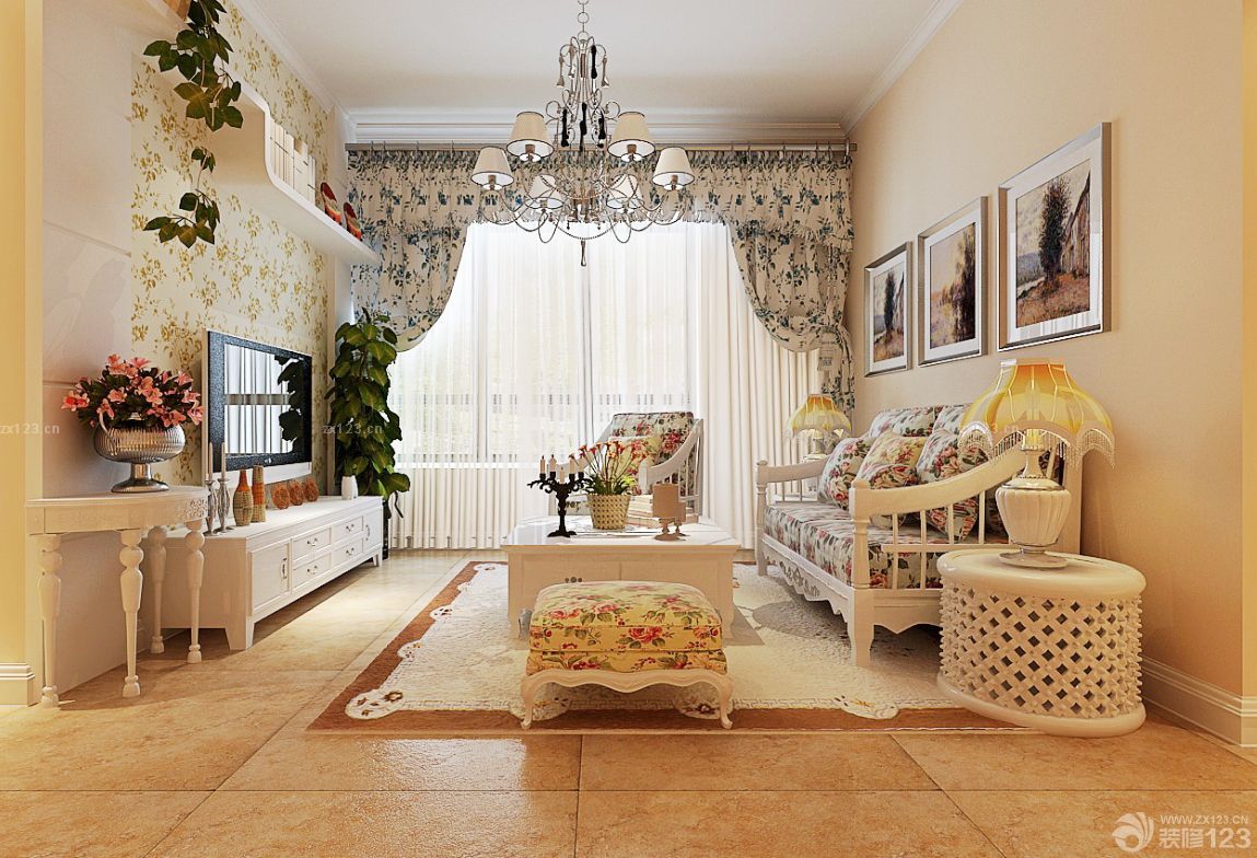 30平米客厅印花窗帘装修效果图片