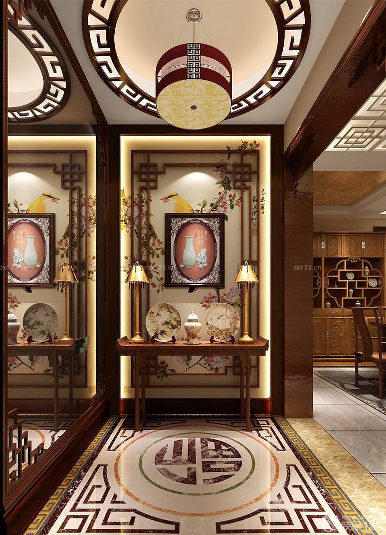 中式新古典别墅入户吉祥地砖拼花装修效果图
