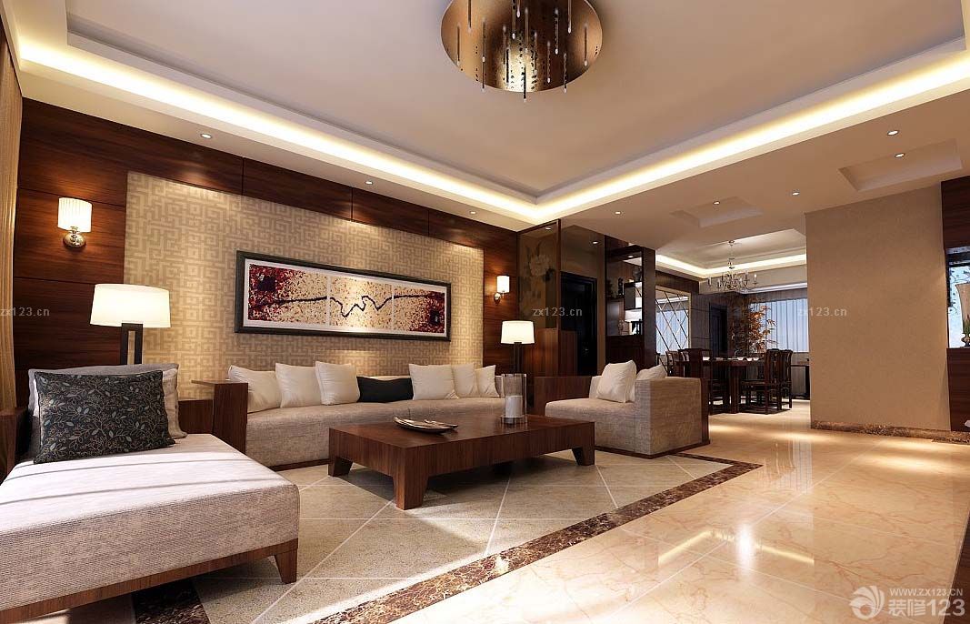 2025现代简约中式挑空客厅地板砖拼花图案装修效果图