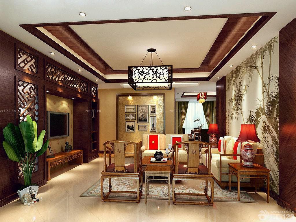 2025现代简约中式挑空小客厅电视背景墙装修效果图