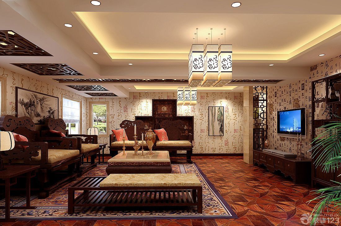 现代简约中式挑空客厅艺术灯具效果图