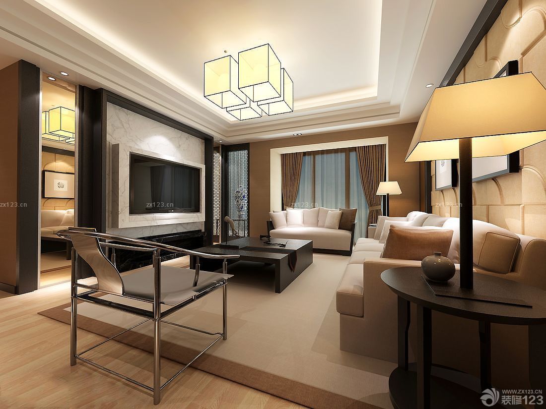 现代简约中式挑空客厅布艺沙发装修