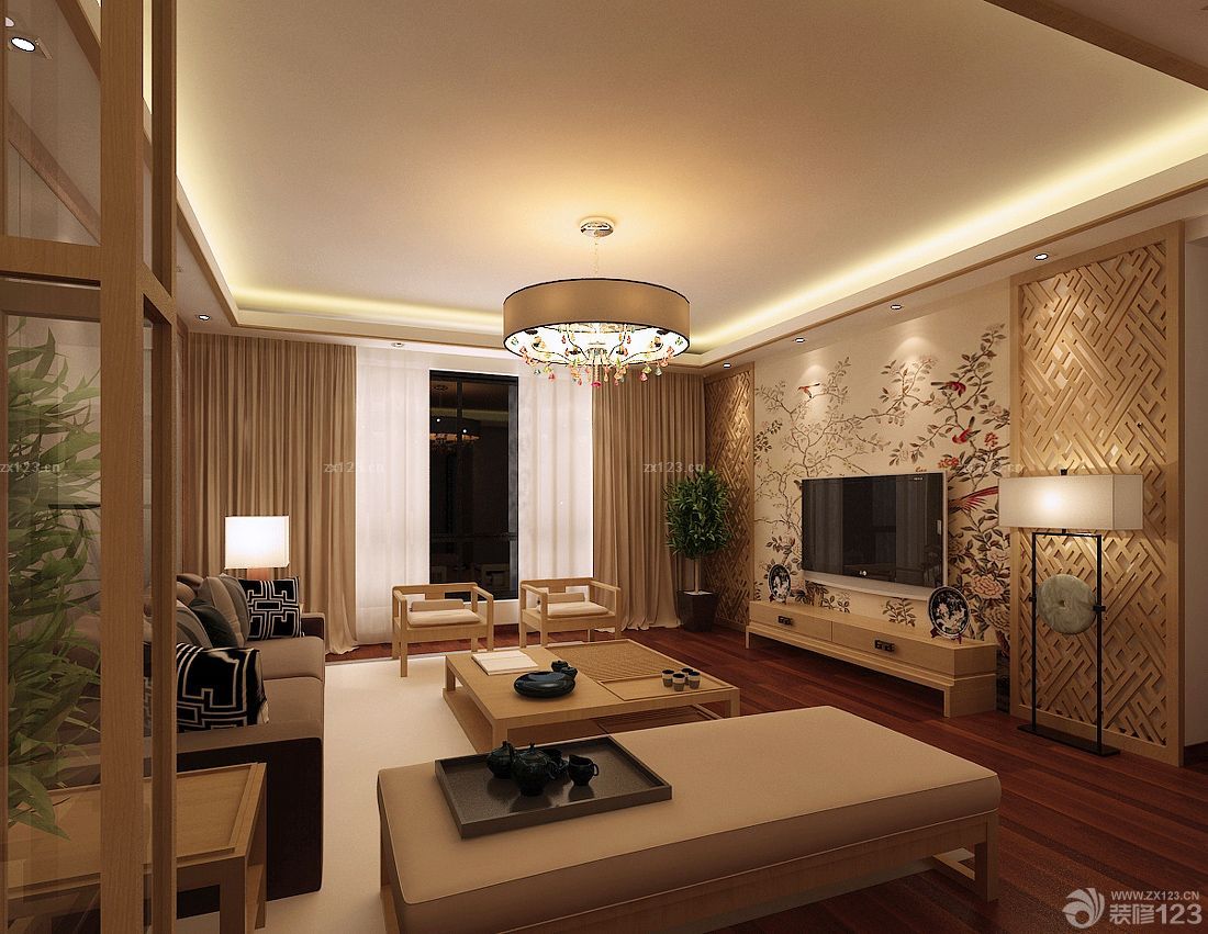 中式挑空客厅壁画背景墙装修效果图