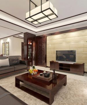 2025现代简约中式挑空客厅实木沙发摆放装修效果图