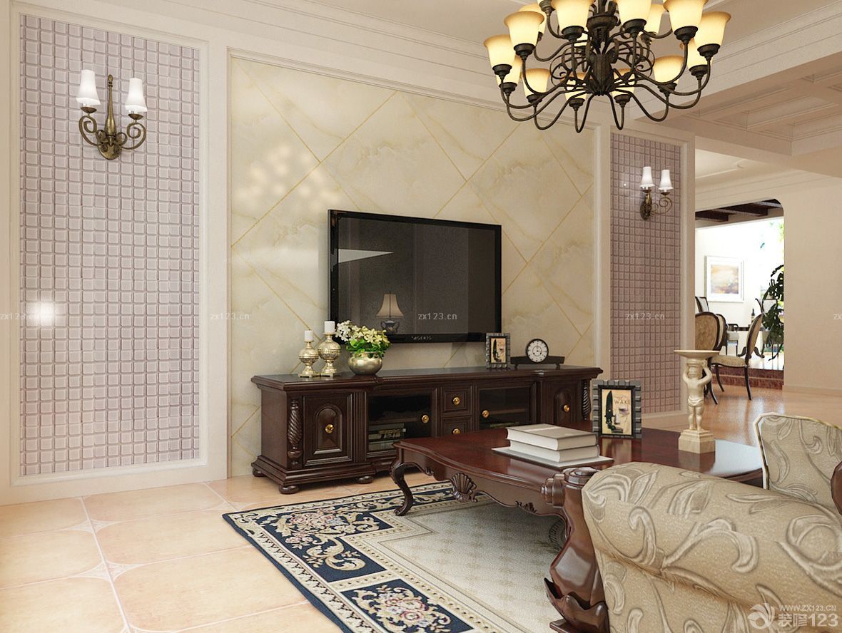 美式别墅客厅实木电视柜装修效果图
