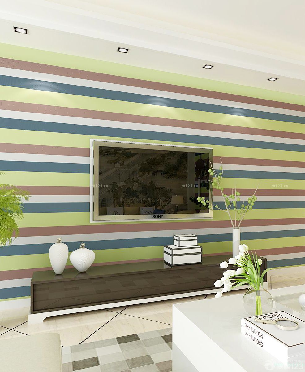 2025客厅条纹壁纸装修效果图片