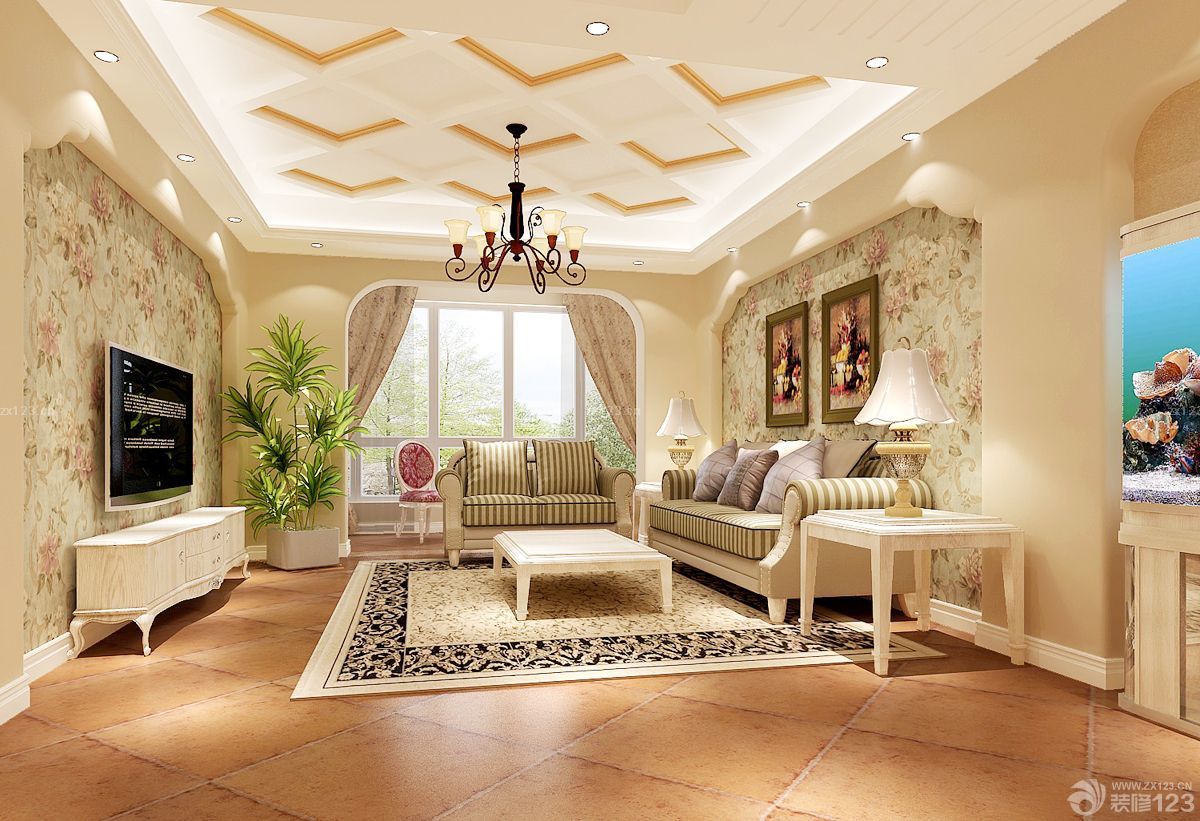 简约田园风格客厅壁纸效果图