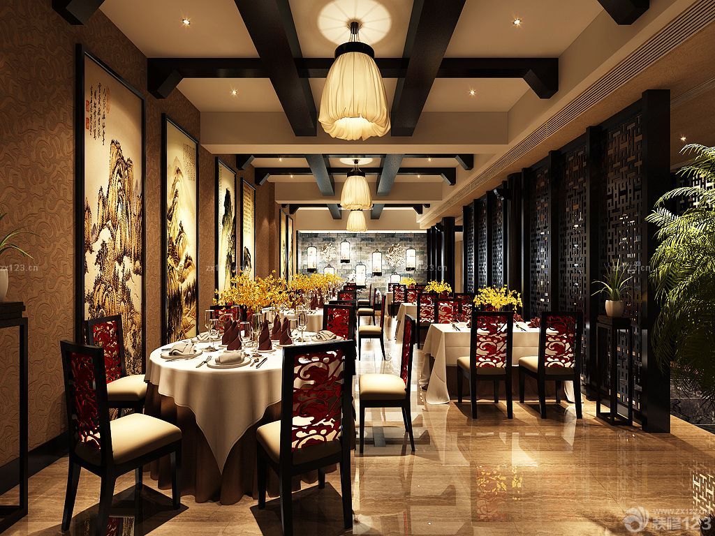 中式餐厅店面石膏板吊顶装修效果图片