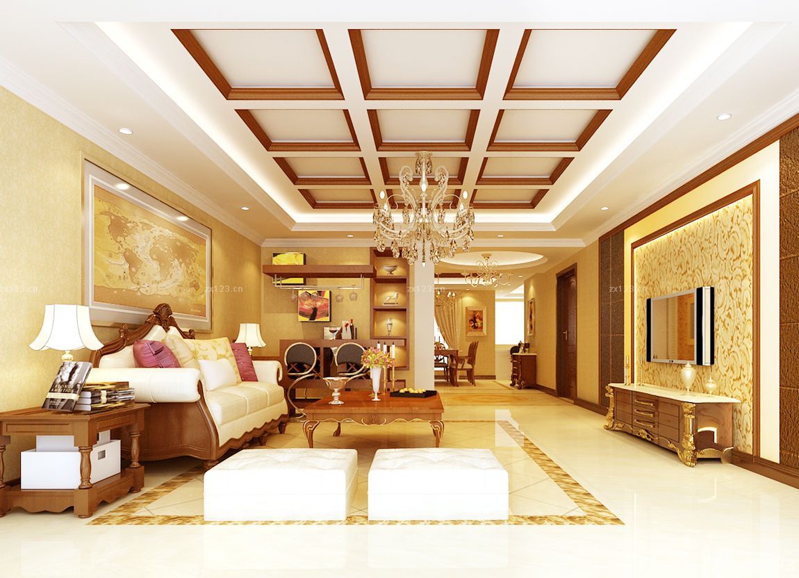 简欧客厅格栅吊顶装修图片