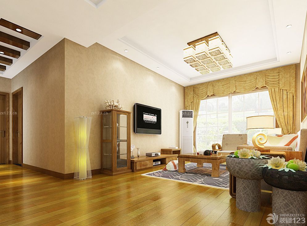 现代中式客厅装修效果图大全2023图片 黄色窗帘装修效果图片