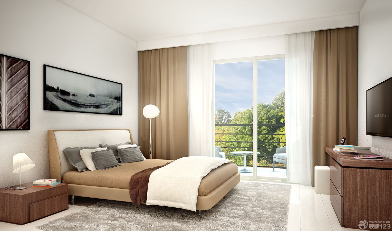 现代卧室装修效果图大全2025图片 卡其色窗帘装修效果图片