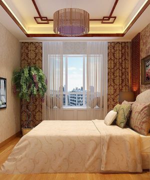 中式家装有飘窗的卧室效果图