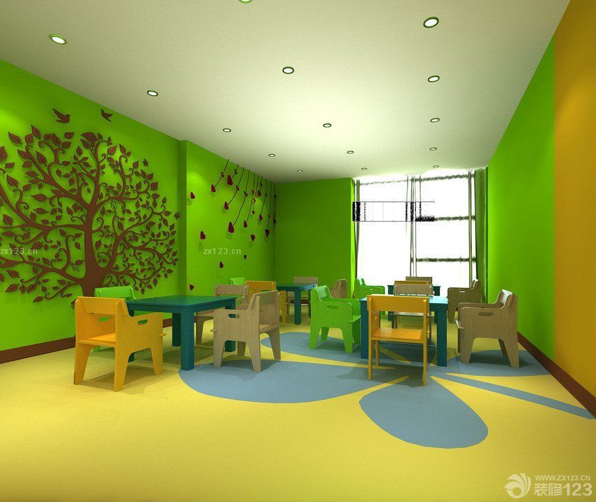 高端幼儿园室内绿色墙面装修效果图片