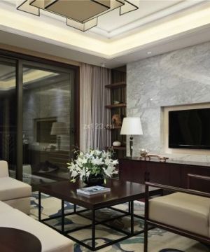 现代时尚中式客厅电视背景墙效果图装修